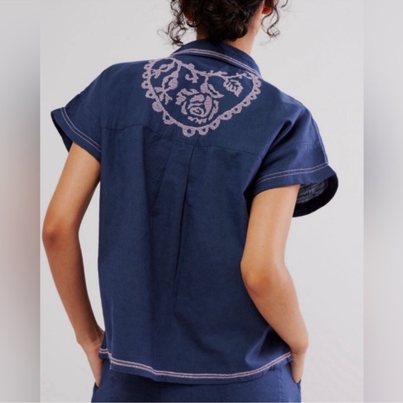 Free People Summer Love Embroidered Button Down, Blue/Lavender Shirt top medium - Picture 2 of 9